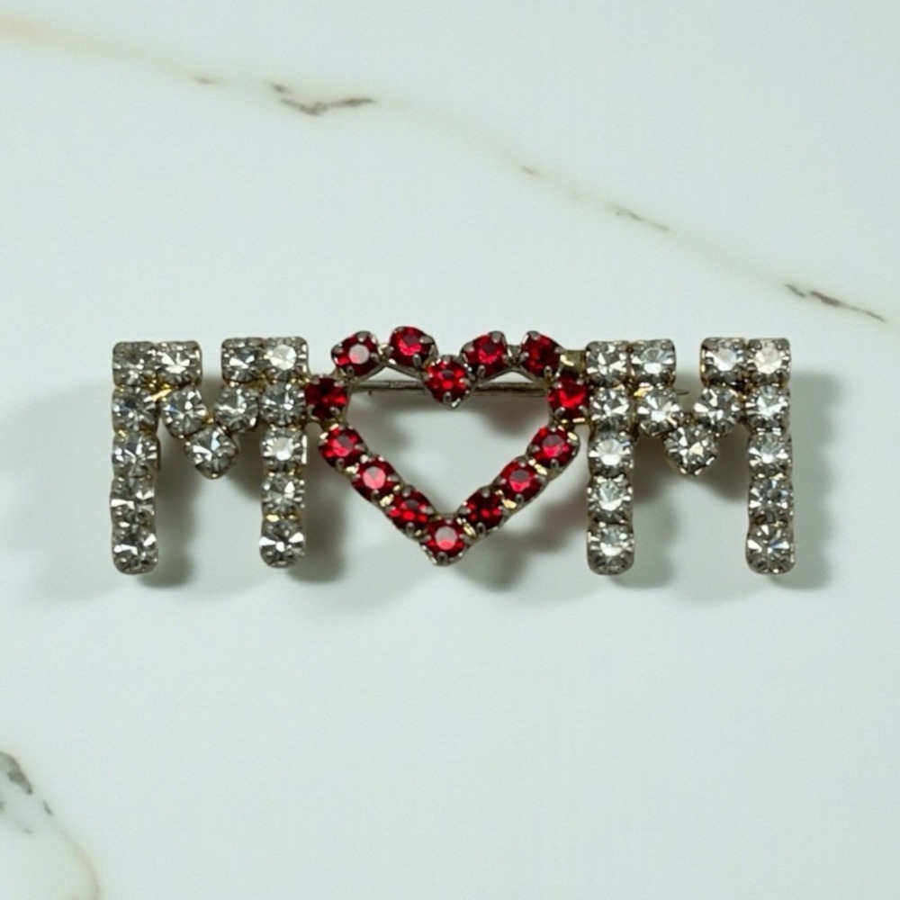 Vintage MOM Pin Heart Silver Clear Red Crystals Brooch